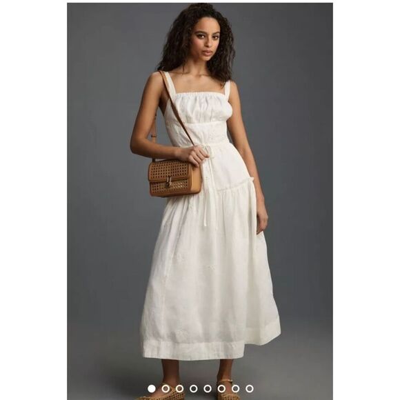 Anthropologie Dresses & Skirts - Anthropologie Flax Linen Ilet Embroidered Maxi Boho Square Neck White Dress M